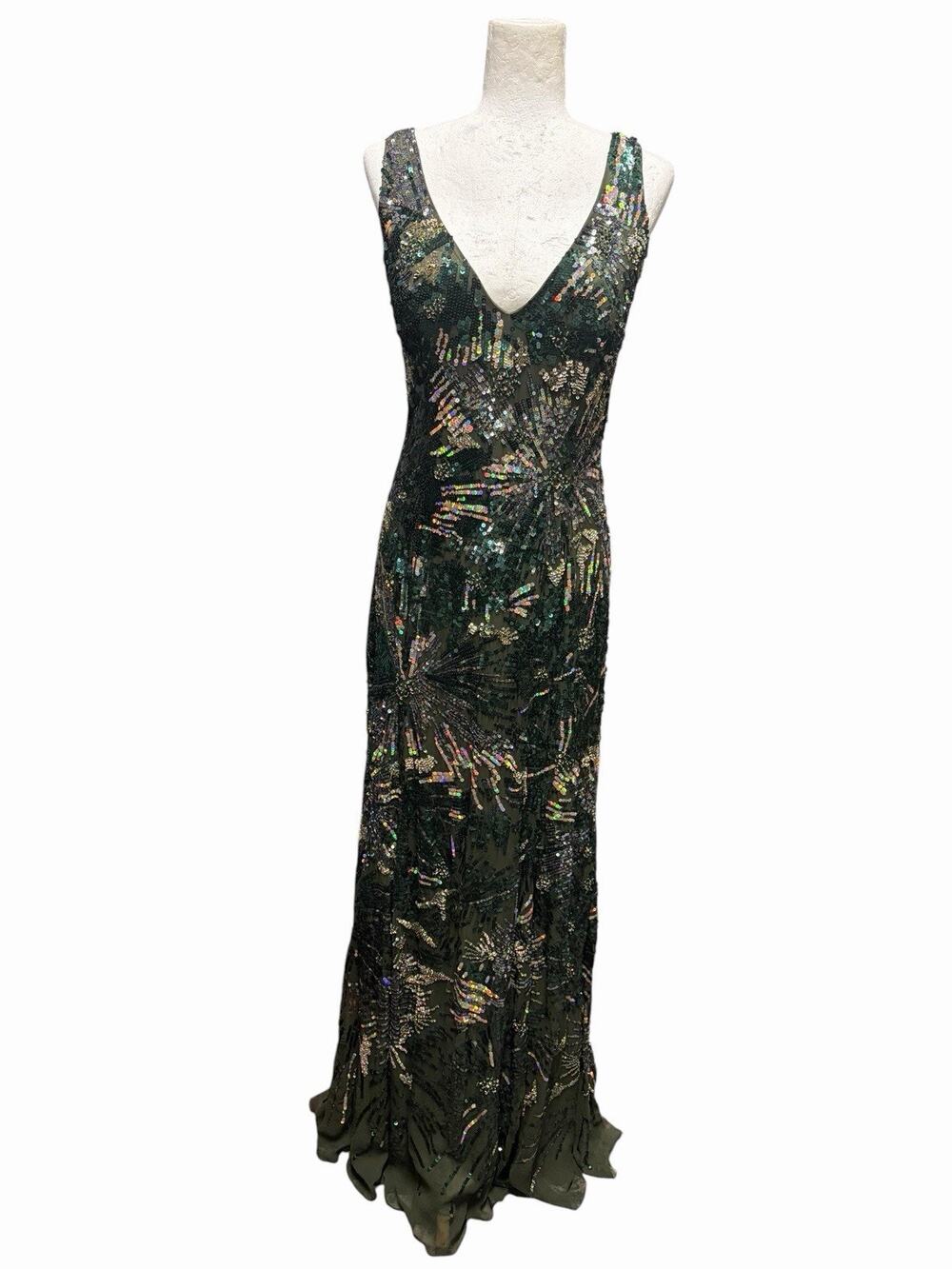 NWT Alberto Makali Green Silk Sequined Gown Dress Maxi Floor Length Size 12